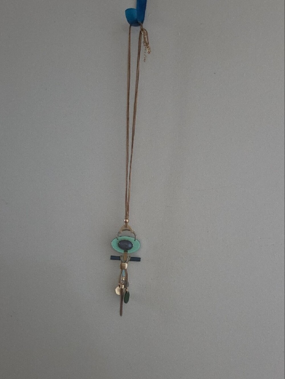 Boho Aqua, Gray & Frosted Goldtone Mixed Media Long Statement Pendant Necklace - Picture 6 of 8